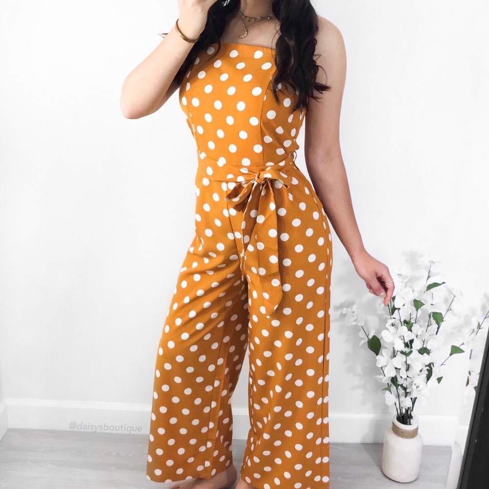 Mustard yellow white polka dot wide leg jumpsuit